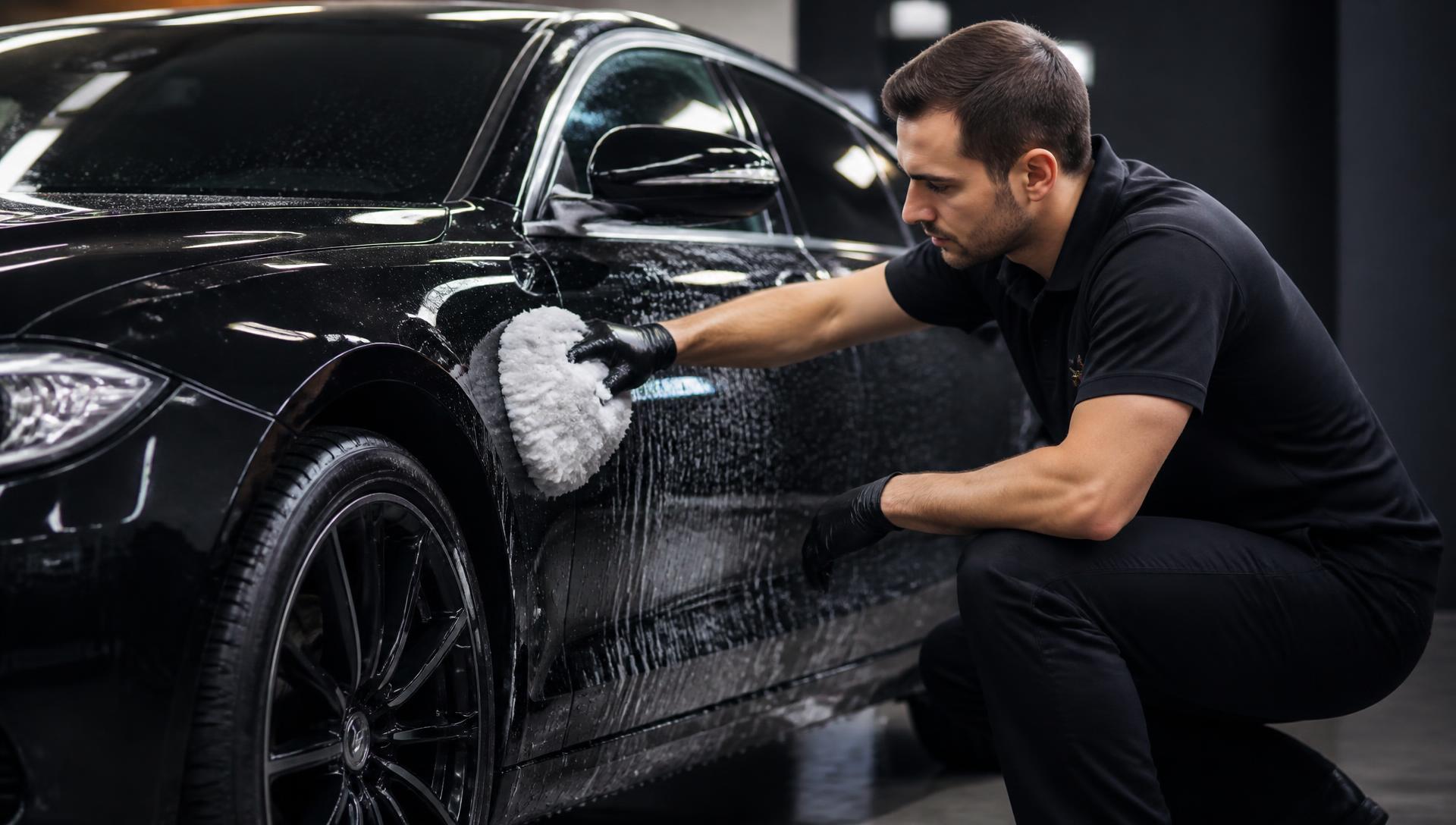 A professional detailer hand washing a black luxury sedan with a foam mitt in a premium studio